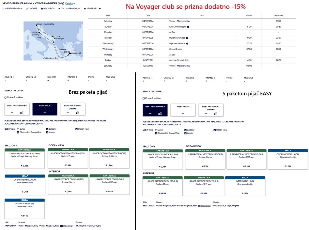KRIŽARJENJA MSC - POSEBNA PONUDBA (VOYAGER CLUB) - INDIVIDUALNI ODHODI